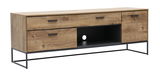 Holzfarbene TV-Bank mit zwei Schubladen und einem offenen Fach, seitliche Perspektive