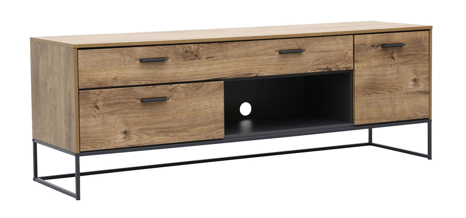 Holzfarbene TV-Bank mit zwei Schubladen und einem offenen Fach, seitliche Perspektive