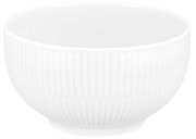 Weiße Müslischale mit geriffelter Oberfläche, seitliche Perspektive