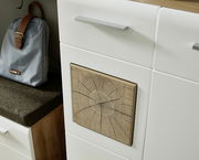 Nahaufnahme eines Garderoben-Sets mit weißem Schrank und Holzdekor-Element, seitliche Perspektive.