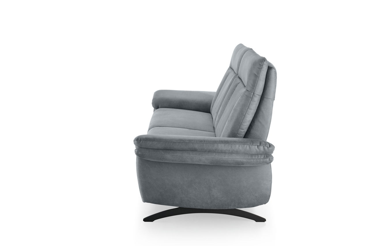 Seitenansicht eines grauen 2,5-Sitzer Sofas mit gepolsterten Armlehnen und modernem Design.