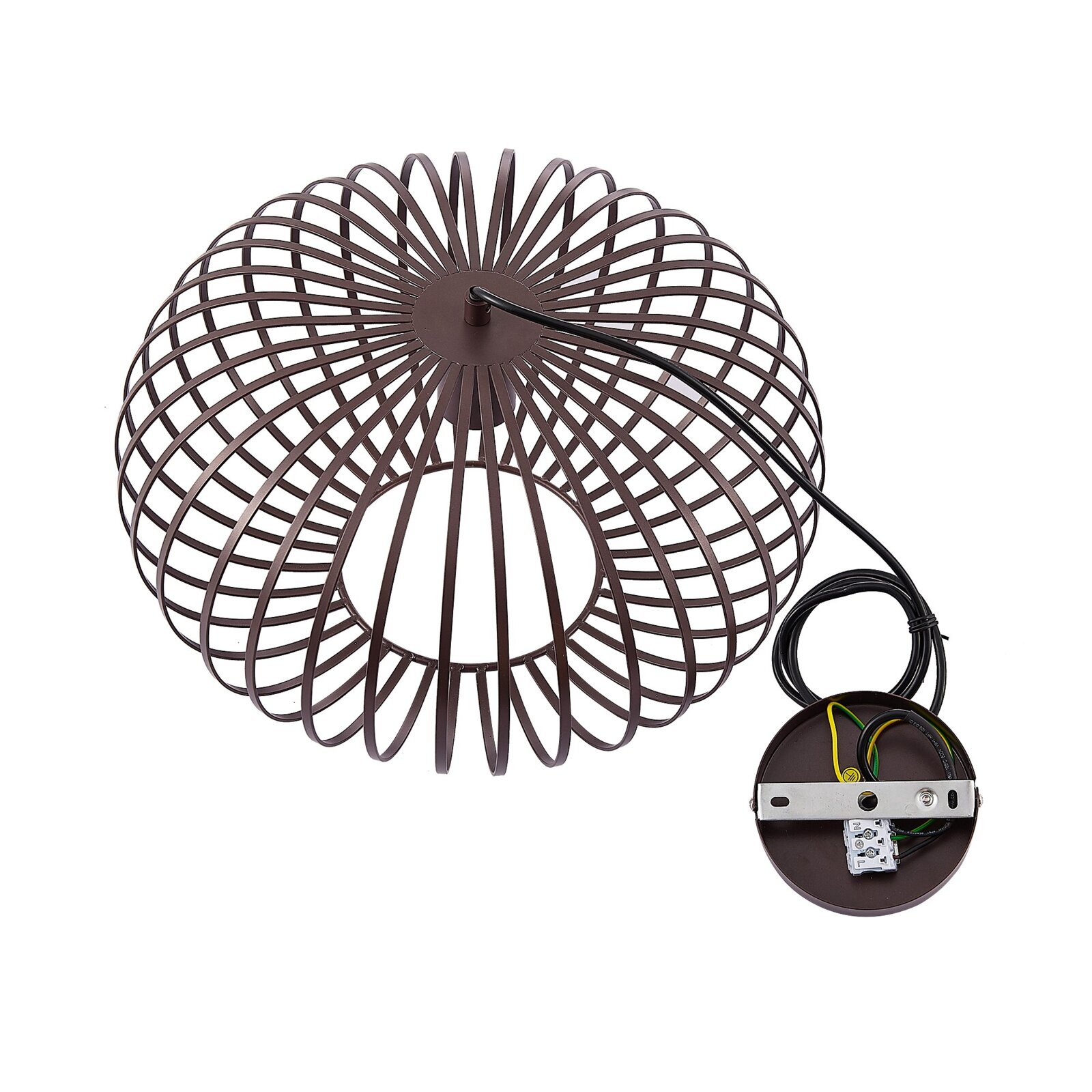 Hanglamp met draadkooi in bruin, gezien van bovenaf, met zichtbare kabel en montageplaat.