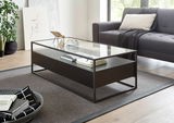 Moderner Couchtisch mit Glasplatte und schwarzem Metallrahmen, seitliche Perspektive