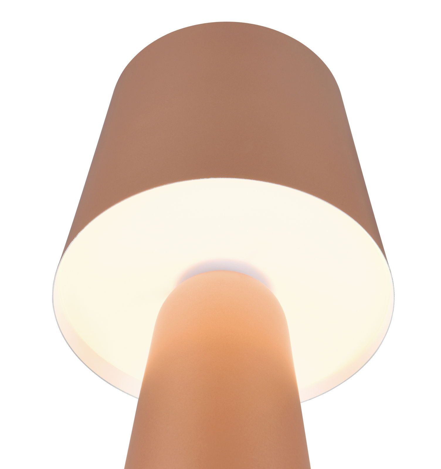 Nahaufnahme einer Tischleuchte Nubian von unten, mit einem braunen Lampenschirm und leuchtendem Inneren.