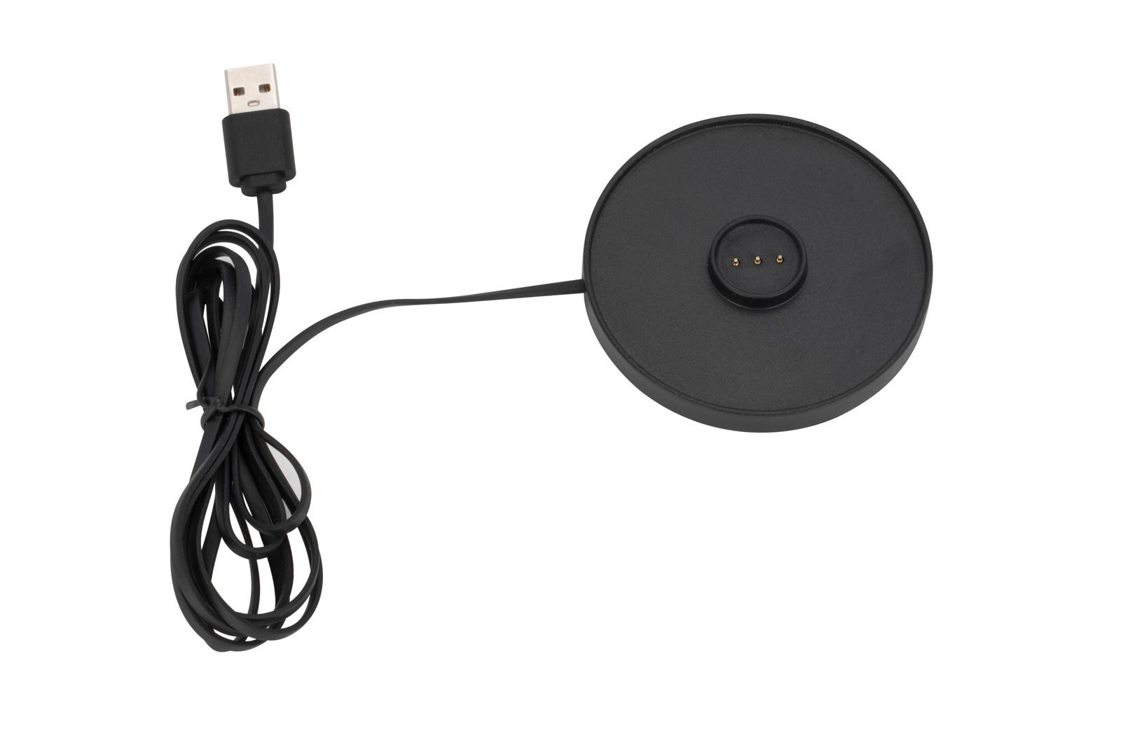 Schwarzes USB-Ladekabel mit rundem Ladepad, Draufsicht