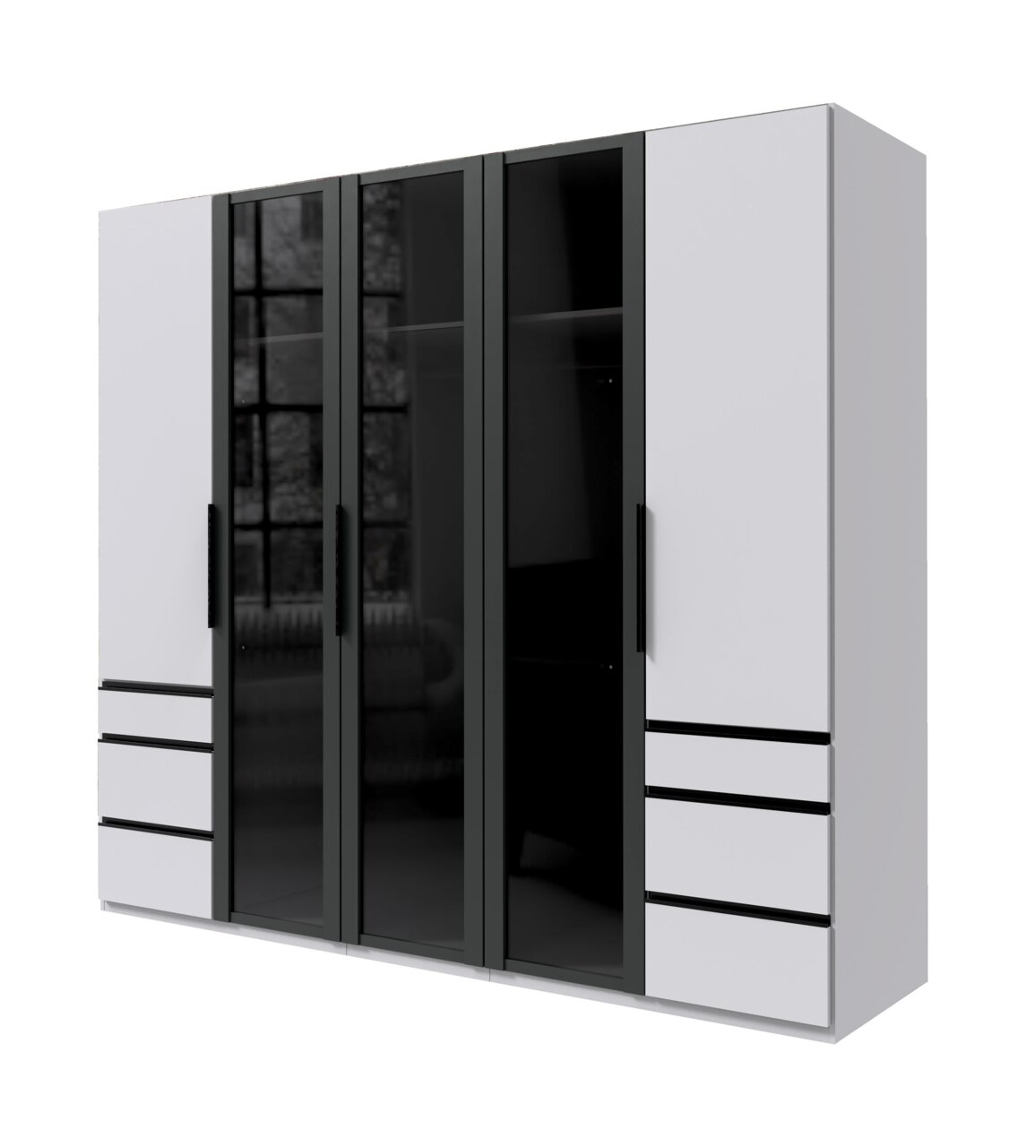 Moderner 5-türiger Drehtürenschrank in Schwarz und Weiß mit Glasfronten, seitliche Perspektive