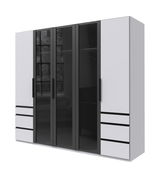 Moderner 5-türiger Drehtürenschrank in Schwarz und Weiß mit Glasfronten, seitliche Perspektive