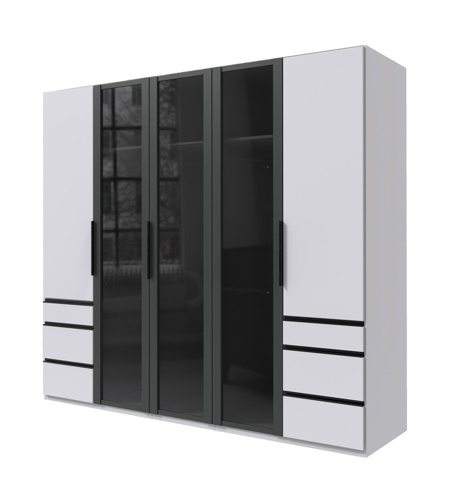 Moderner 5-türiger Drehtürenschrank in Schwarz und Weiß mit Glasfronten, seitliche Perspektive