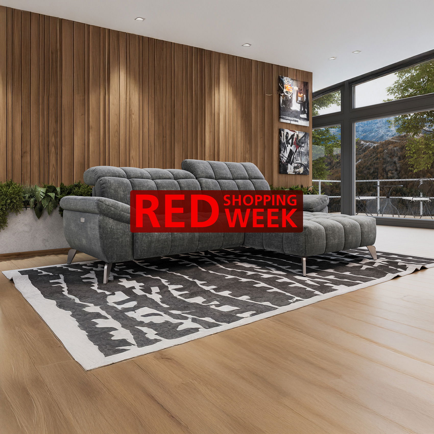Modernes Wohnzimmer mit grauem Sofa, Holzpaneelwand, Teppich, großen Fenstern und rotem „Red Shopping Week“-Banner