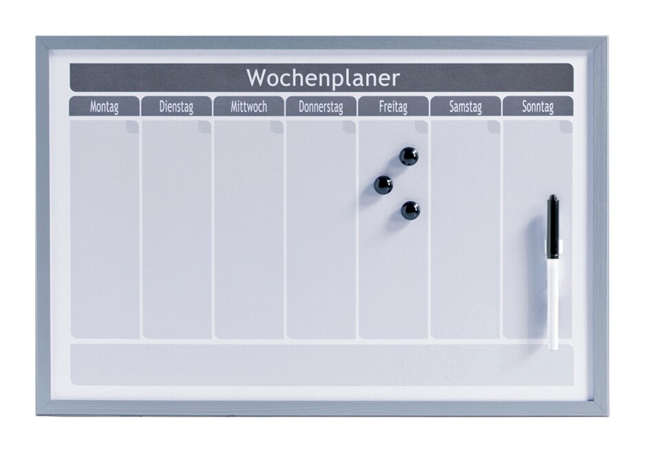 Zeller Present Wochenplaner magnetisch Magnetischer Wochenplaner mit Wochentagen, drei Magneten und einem Stift, frontal abgebildet.