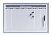 Magnetischer Wochenplaner mit Wochentagen, drei Magneten und einem Stift, frontal abgebildet.
