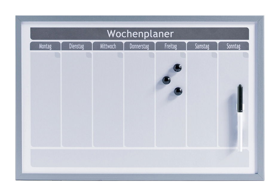 Magnetischer Wochenplaner mit Wochentagen, drei Magneten und einem Stift, frontal abgebildet.