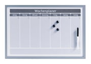 Magnetischer Wochenplaner mit Wochentagen, drei Magneten und einem Stift, frontal abgebildet.