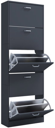 Schwarzer Schuhkipper/Schuhschrank mit mehreren Klappfächern und silbernen Griffen, zwei Klappen geöffnet, Ansicht schräg von vorne.
