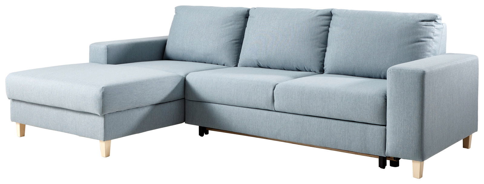 Graues Ecksofa mit Ottomane links, moderne und schlichte Gestaltung, Perspektive von vorne links
