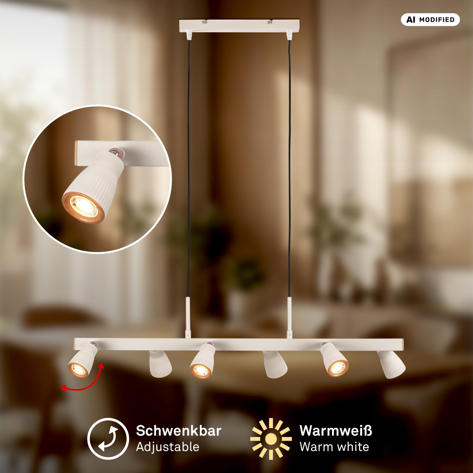 Weiße, längliche Pendelleuchte mit sechs schwenkbaren Spot-Strahlern an einer geraden Leiste, warmweiß leuchtend, an zwei schwarzen Kabeln von der Decke hängend, Produktansicht von vorne mit leichtem Untersichtwinkel.