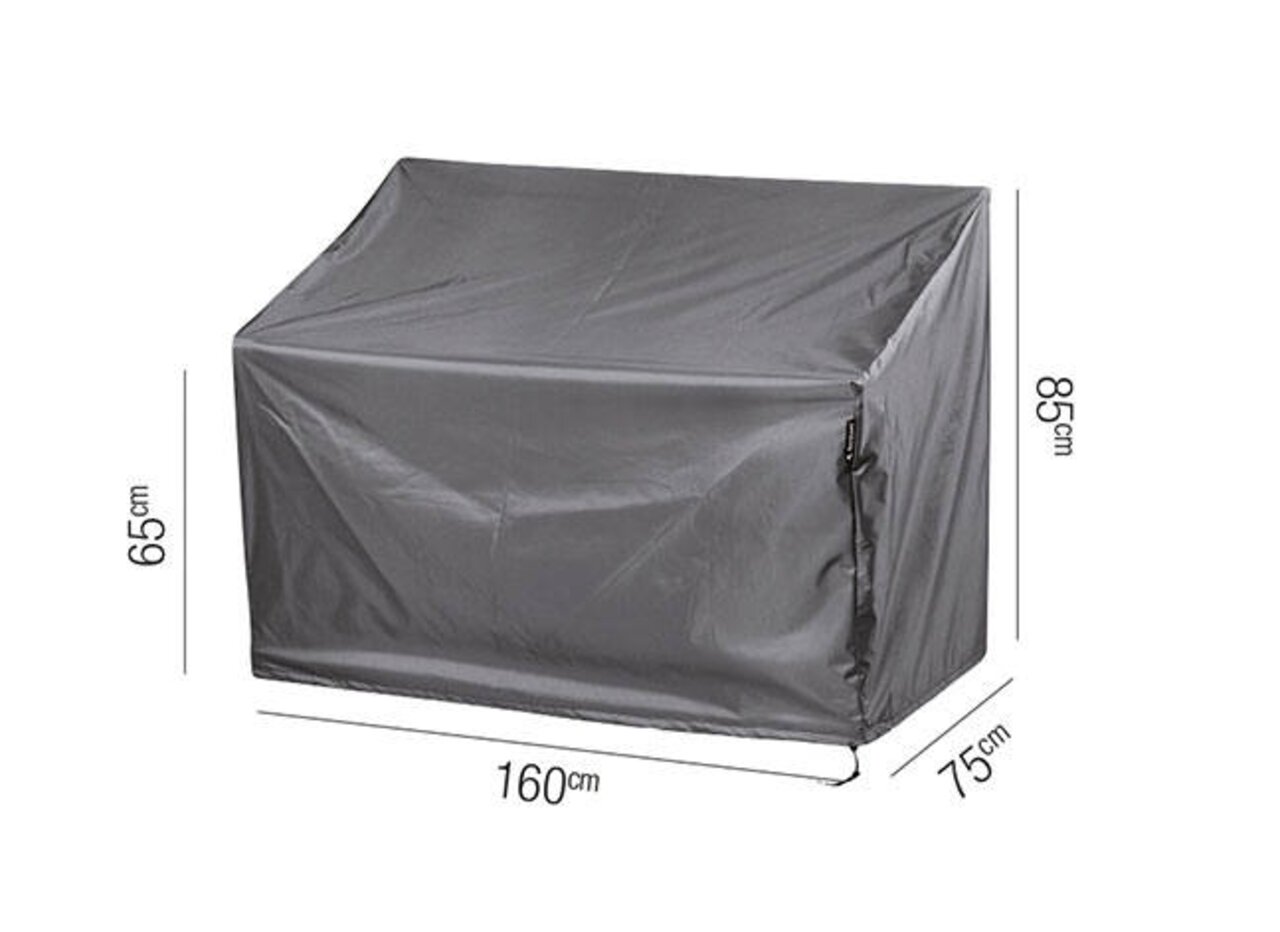 Zurbrüggen Bankhoes AeroCover Graue Bankhülle in schräger Perspektive mit den Maßen 160 cm Breite, 75 cm Tiefe und 85 cm Höhe.