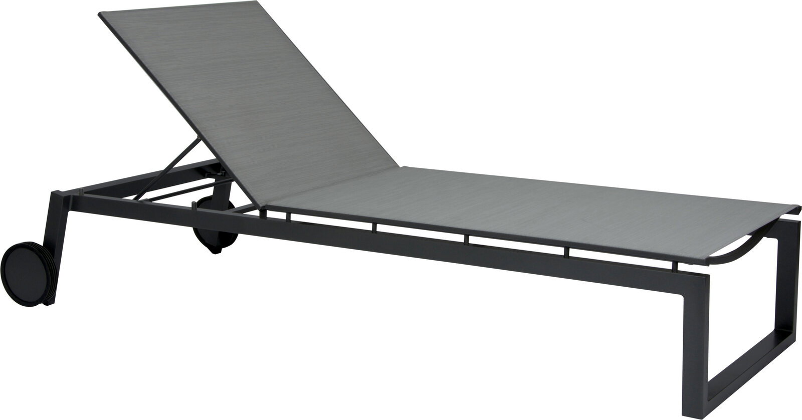 Seitliche Ansicht einer modernen Rollenliege mit verstellbarer Rückenlehne und robustem Metallrahmen.