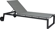 Seitliche Ansicht einer modernen Rollenliege mit verstellbarer Rückenlehne und robustem Metallrahmen.