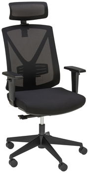 Schwarzer Drehstuhl mit Netzrückenlehne, verstellbaren Armlehnen und Kopfstütze, seitliche Perspektive