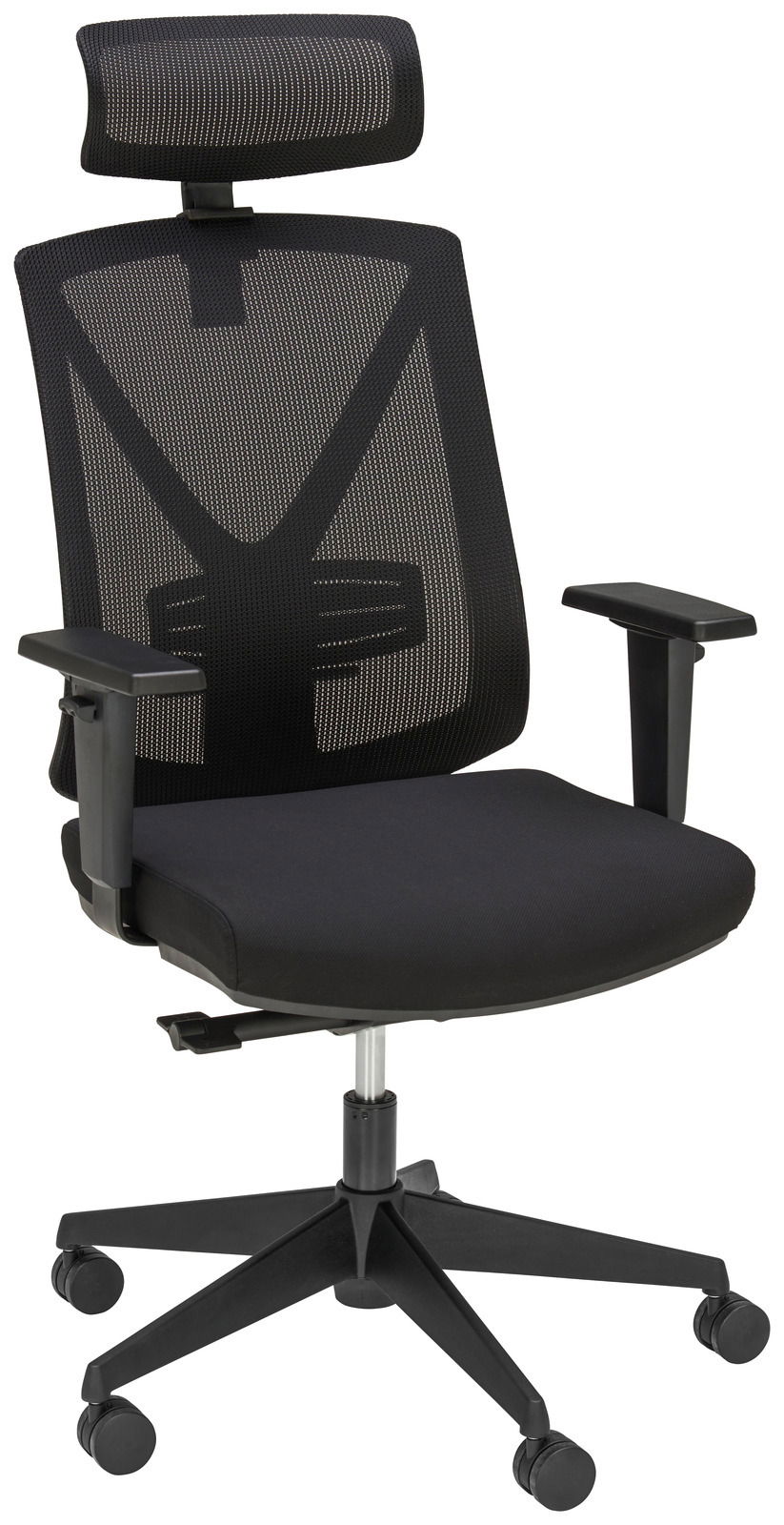 XORA Drehstuhl MIRO Schwarzer Drehstuhl mit Netzrückenlehne, verstellbaren Armlehnen und Kopfstütze, seitliche Perspektive