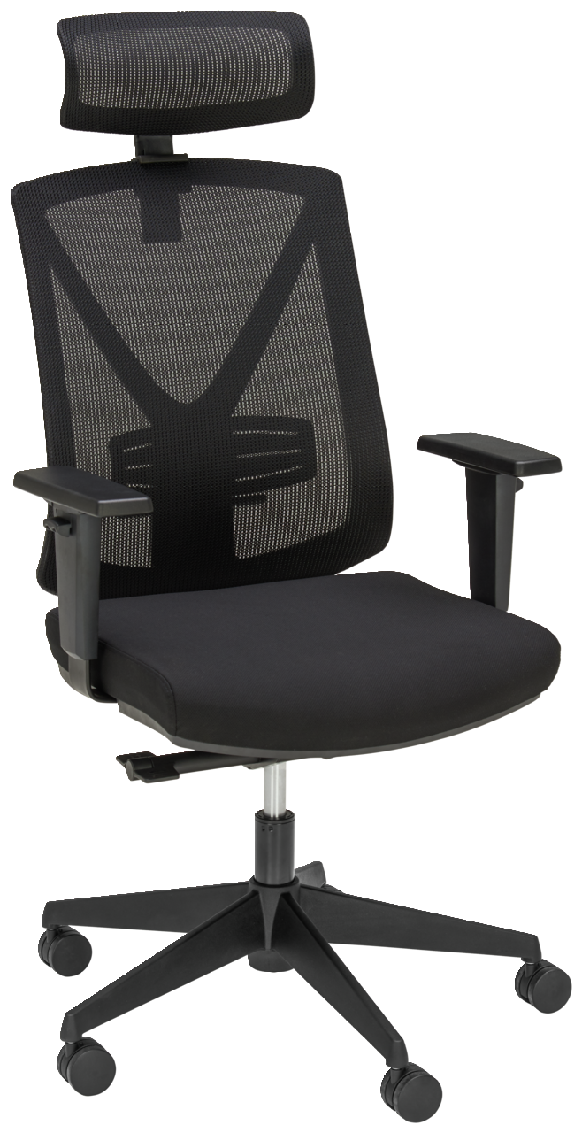 XORA Drehstuhl MIRO Schwarzer Drehstuhl mit Netzrückenlehne, verstellbaren Armlehnen und Kopfstütze, seitliche Perspektive