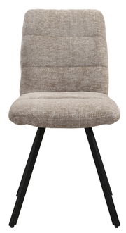 Vorderansicht eines modernen Stuhls mit gepolsterter, beiger Sitzfläche und schwarzen Metallbeinen.