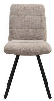Vooraanzicht van een moderne stoel met een gestoffeerde, beige zitting en zwarte metalen poten.