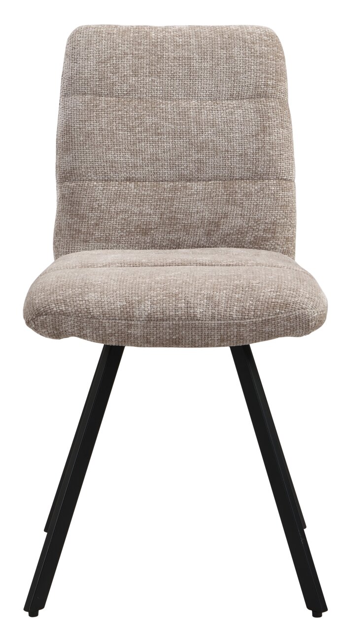 Vooraanzicht van een moderne stoel met een gestoffeerde, beige zitting en zwarte metalen poten.