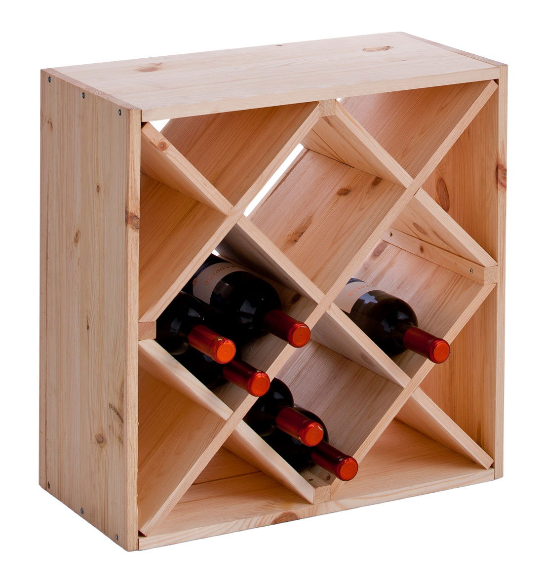 Weinregal aus Holz mit diagonalen Fächern, gefüllt mit Weinflaschen, seitliche Perspektive