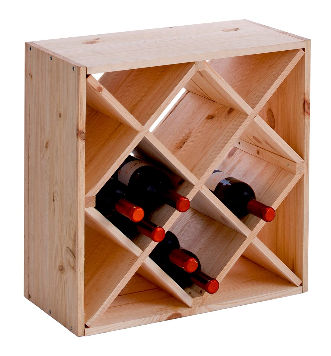 Weinregal aus Holz mit diagonalen Fächern, gefüllt mit Weinflaschen, seitliche Perspektive