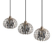 Drei moderne Hängeleuchten mit offenen, kugelförmigen Metallkäfigen in einer seitlichen Perspektive.