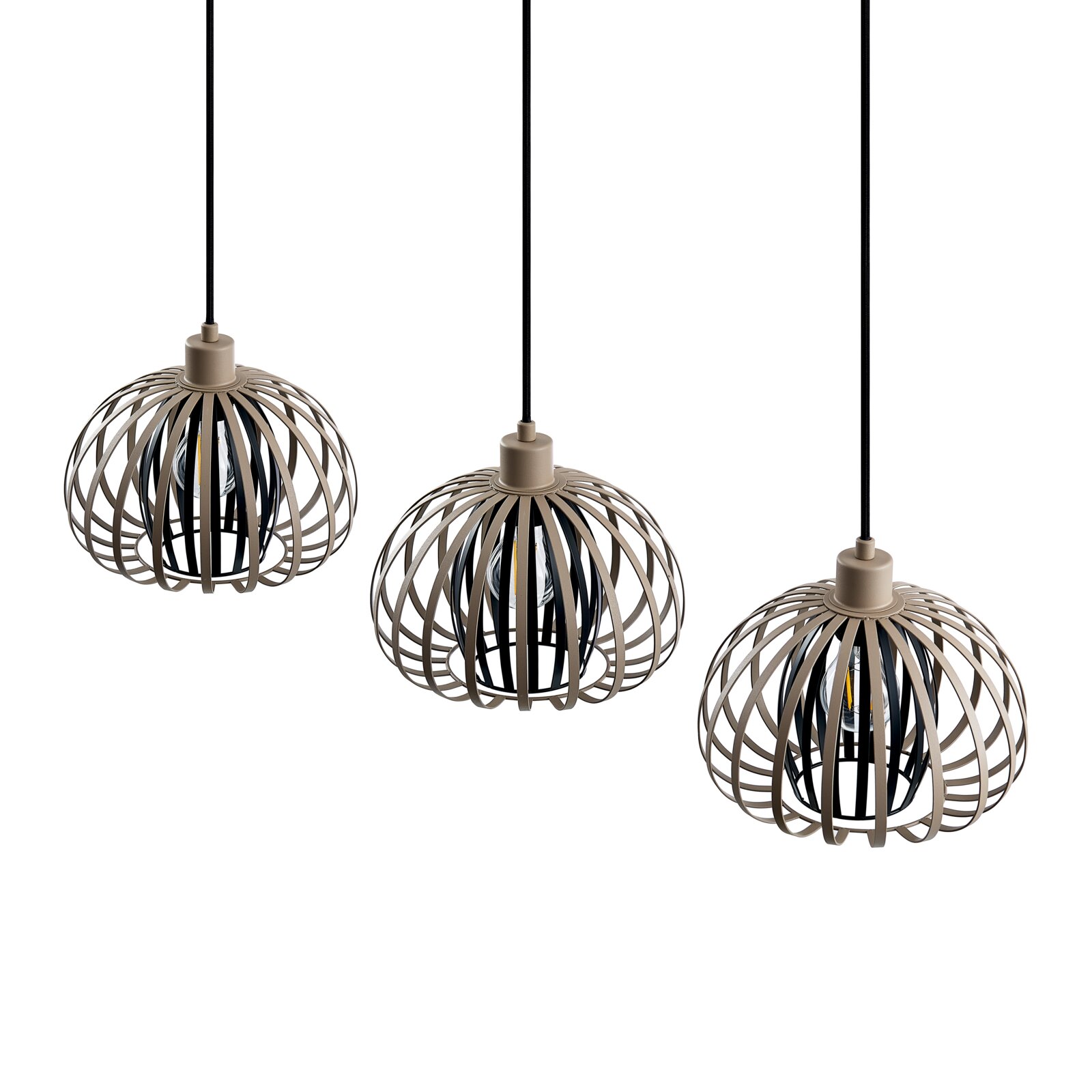 Drie moderne hanglampen met open, bolvormige metalen kooien, gezien vanuit een zijaanzicht.