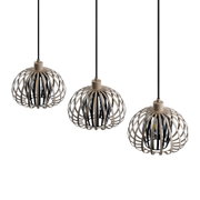 Drie moderne hanglampen met open, bolvormige metalen kooien, gezien vanuit een zijaanzicht.