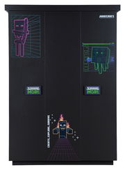 Schwarzer dreitüriger Kleiderschrank mit Minecraft-Motiven und der Aufschrift 'Survival Mode', frontal abgebildet.