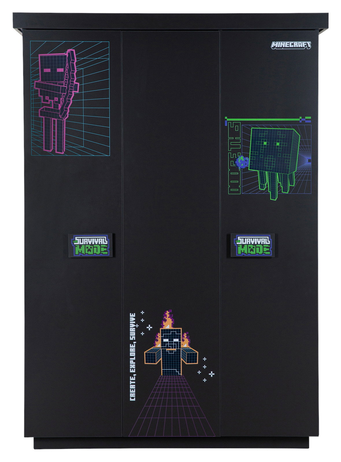 Schwarzer dreitüriger Kleiderschrank mit Minecraft-Motiven und der Aufschrift 'Survival Mode', frontal abgebildet.