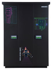 Schwarzer dreitüriger Kleiderschrank mit Minecraft-Motiven und der Aufschrift 'Survival Mode', frontal abgebildet.