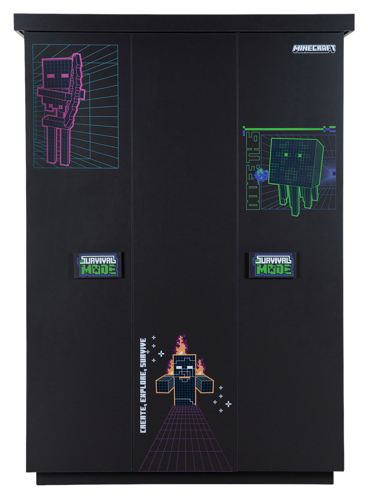 Schwarzer dreitüriger Kleiderschrank mit Minecraft-Motiven und der Aufschrift 'Survival Mode', frontal abgebildet.