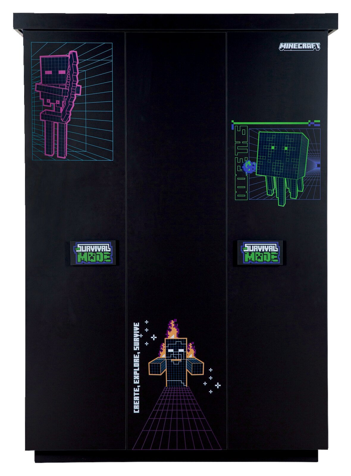 Schwarzer dreitüriger Kleiderschrank mit Minecraft-Motiven und der Aufschrift 'Survival Mode', frontal abgebildet.