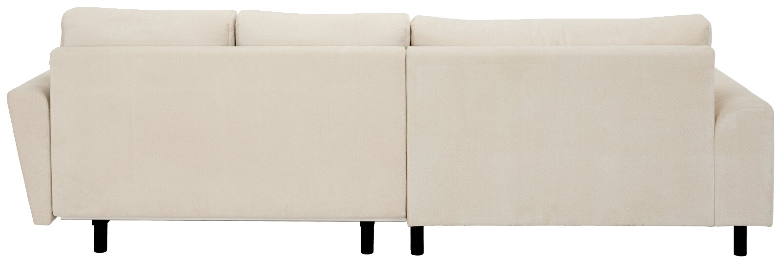 Rückansicht eines modernen, hellbeigen 3-Sitzer-Sofas mit gepolsterten Rückenlehnen, breiten Armlehnen und schwarzen Füßen vor weißem Hintergrund