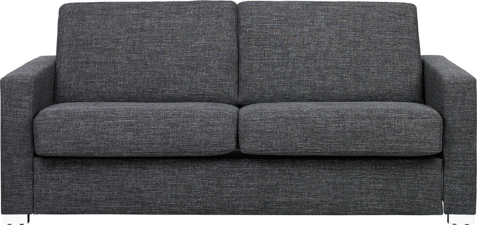 Frontale Ansicht eines grauen Verwandlungssofas mit zwei Sitzkissen und Armlehnen.