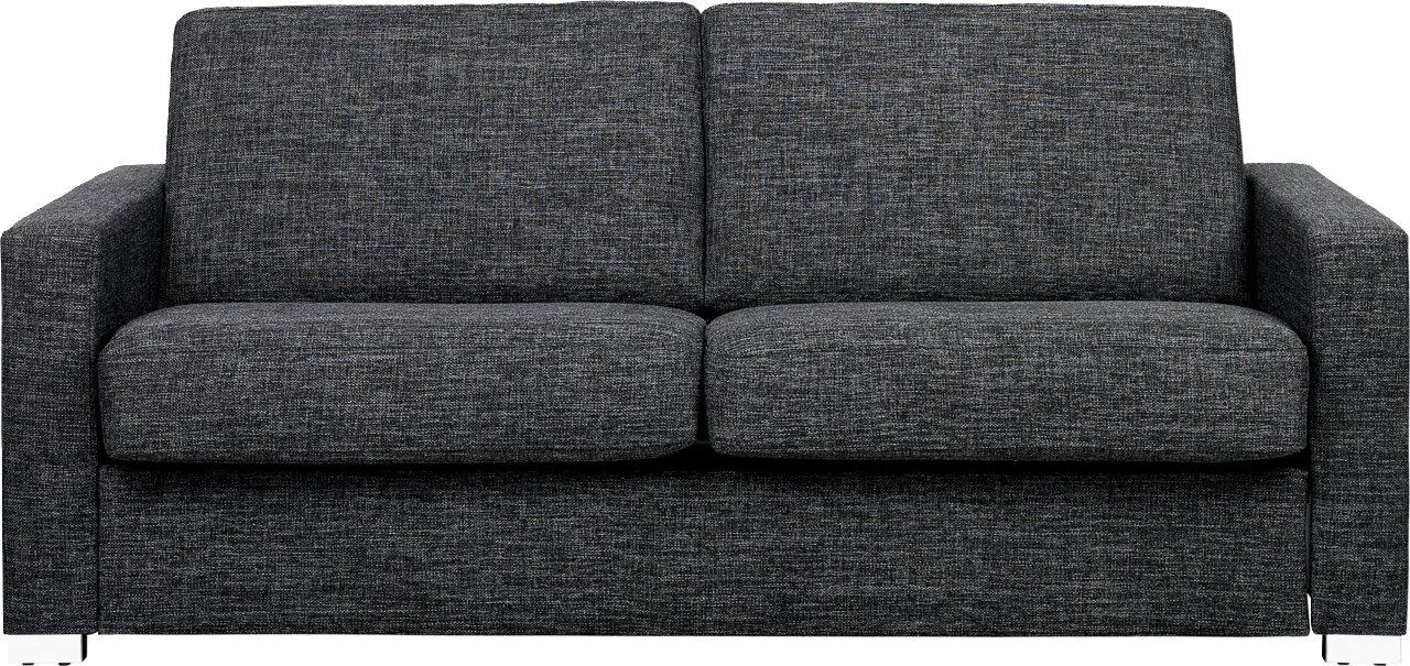 Frontale Ansicht eines grauen Verwandlungssofas mit zwei Sitzkissen und Armlehnen.