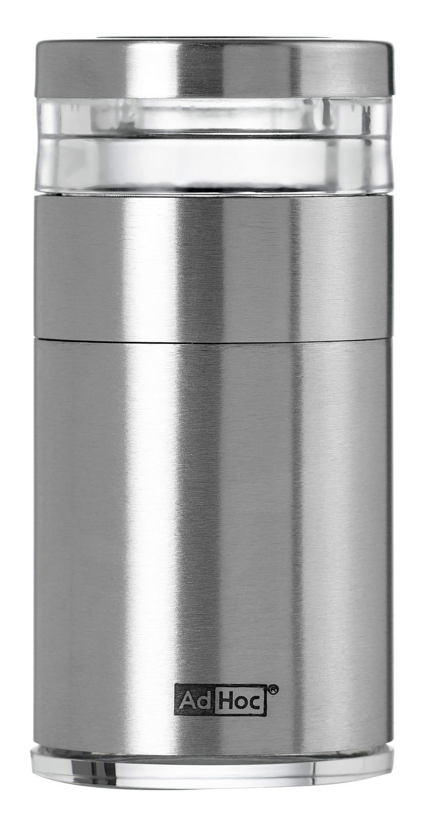 Silberner Kräuter- und Gewürzschneider aus Edelstahl, frontal abgebildet, mit transparentem Sichtfenster und AdHoc-Logo.