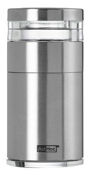 Silberner Kräuter- und Gewürzschneider aus Edelstahl, frontal abgebildet, mit transparentem Sichtfenster und AdHoc-Logo.