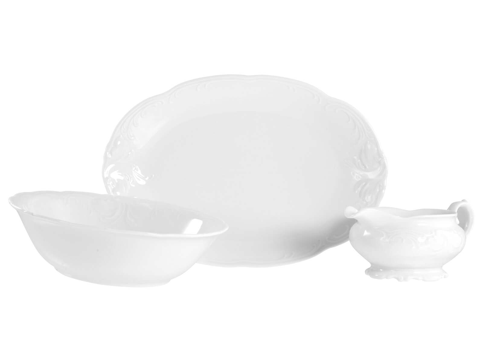 Creatable Servierset 3-tlg FREDERIKE Weißes Porzellan-Servierset mit ovaler Platte, Schüssel und Sauciere mit Reliefdekor, frontal in leichter Seitenansicht auf weißem Hintergrund