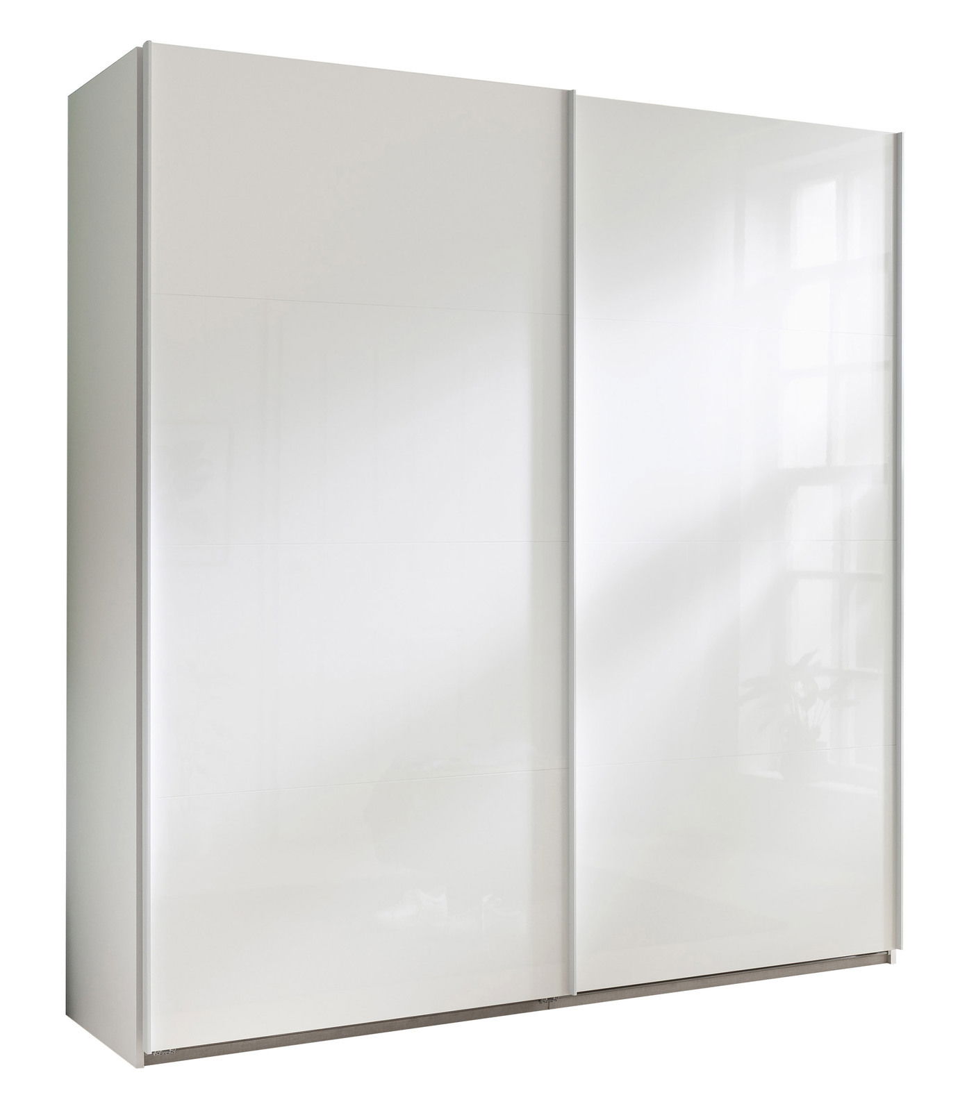 XORA Schwebetürenschrank SYSTEMA Weißer Schwebetürenschrank XORA SYSTEMA, frontal fotografiert, mit zwei großen Türen und modernem Design.