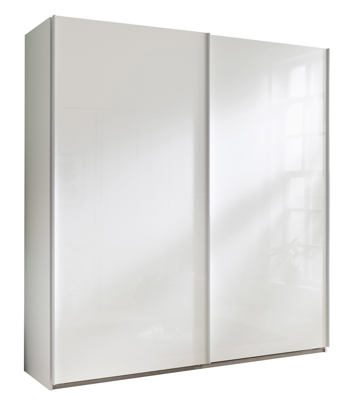 XORA Schwebetürenschrank SYSTEMA Weißer Schwebetürenschrank XORA SYSTEMA, frontal fotografiert, mit zwei großen Türen und modernem Design.