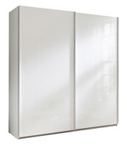 Weißer Schwebetürenschrank XORA SYSTEMA, frontal fotografiert, mit zwei großen Türen und modernem Design.