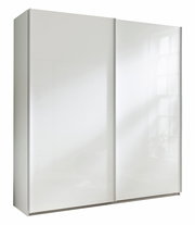 Weißer Schwebetürenschrank XORA SYSTEMA, frontal fotografiert, mit zwei großen Türen und modernem Design.