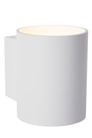 Moderne weiße Wandleuchte in zylindrischer Form, seitliche Perspektive